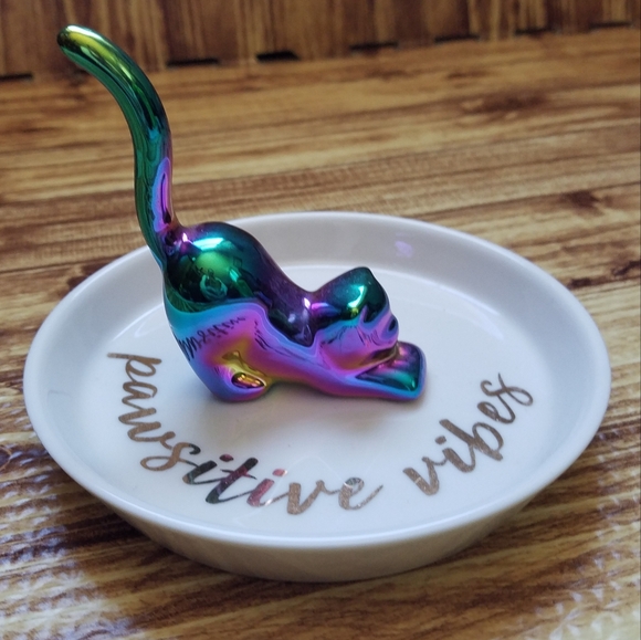 Cat Jewelry Holder Dish Trinket Tray Ring Pawsitive Vibes Villa Decor - Picture 1 of 4